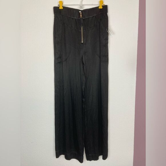 NWT Anthropologie Marrakech black satin front zip flowing pants runs big - Picture 1 of 11